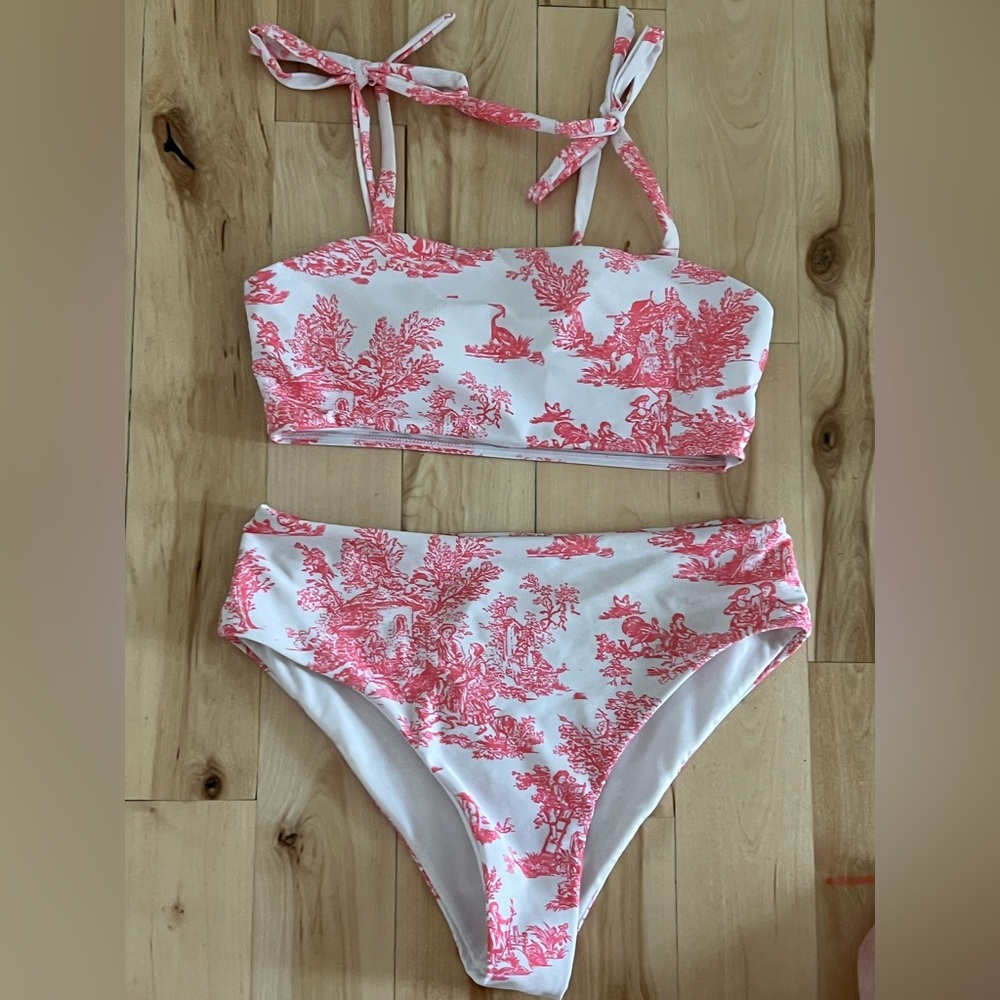 Coral Toile Print Bandeau Bikini Set - White & pink